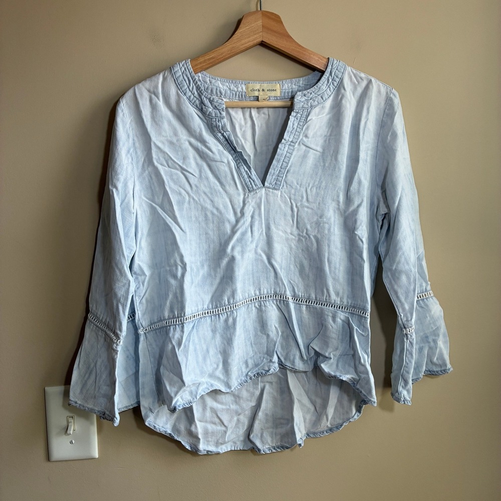 Cloth & Stone Bell Sleeve Ladder Lace Top S Light Blue Women Tencel Lyocell